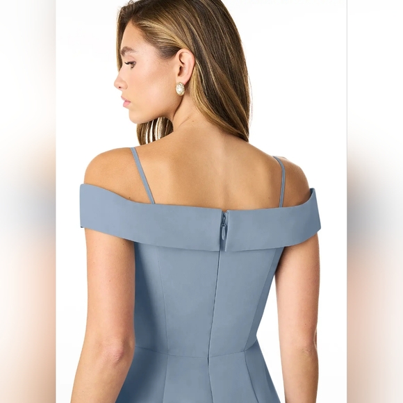 Azazie Lecia Dusty Blue Empire Off-the-Shoulder Pleated Chiffon Dress - Picture 3 of 9